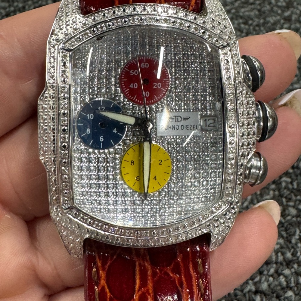 Techno Diesel Mens Silver Crystal Watch with Red Leather Strap